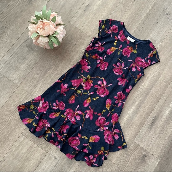 New Robbie Bee Navy Orchid Floral Short Sleeve Ruffle Dress - Picture 1 of 5
